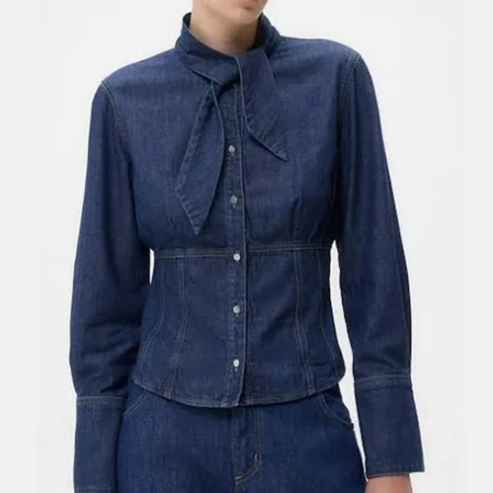 TWP Trish Wescoat Pound Tie-Neck Tailored Denim Shirt Sz. Medium Dark Stone Blue
